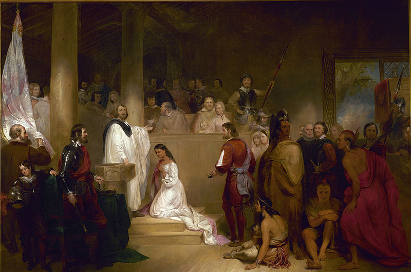 John Gadsby Chapman’s 1840 painting depicts Pocahontas’s baptism and rechristening as Rebecca before her 1614 marriage.