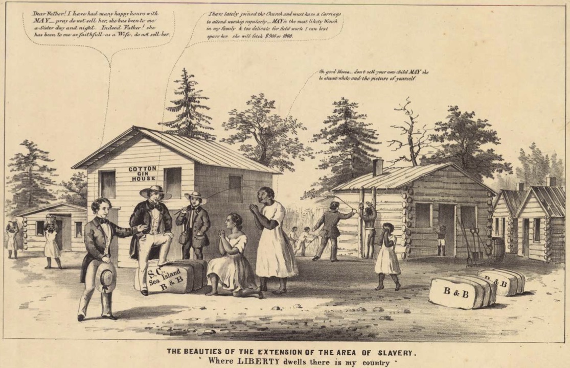 This abolitionist drawing from the 1850s suggests the plight of the enslaved children of white masters, depicting a nearly-white slave and her mother pleading not to be sold.