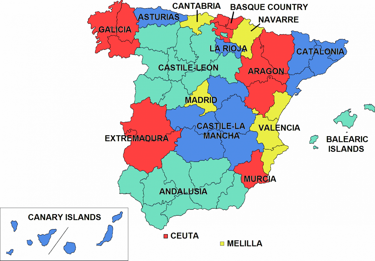 The autonomous regions of Spain.