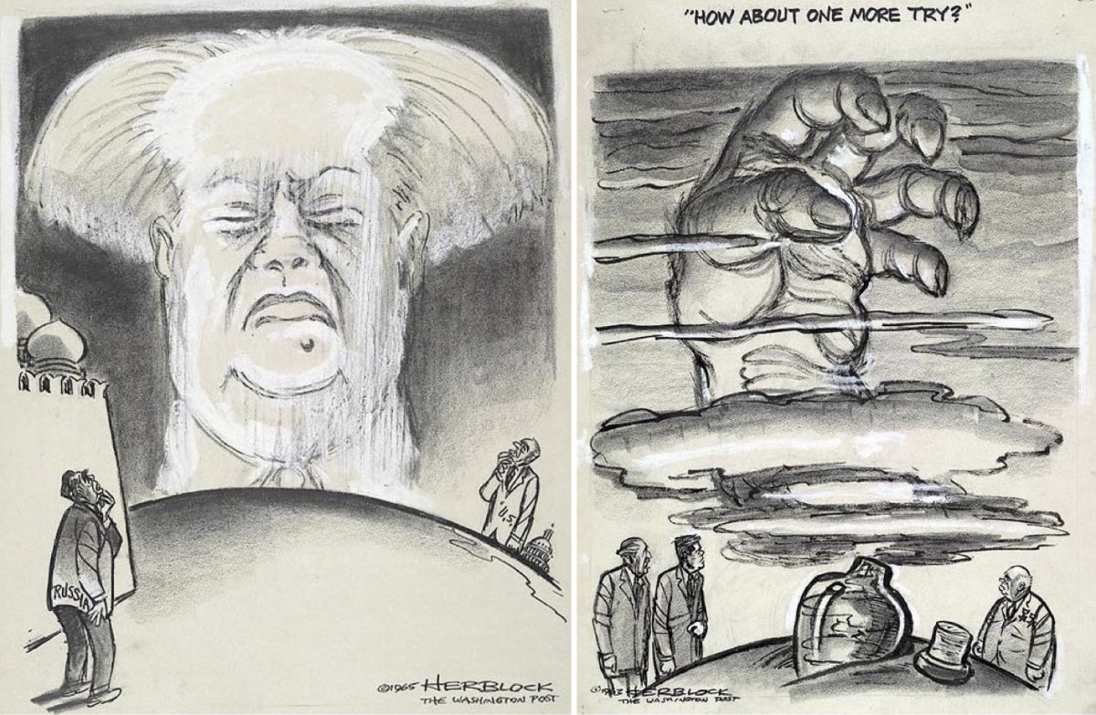 On the left, a 1965 cartoon with a mushroom cloud with a likeness of Mao Zedong. On the right, 1963 cartoon depicting negotiations for a nuclear test ban agreement.