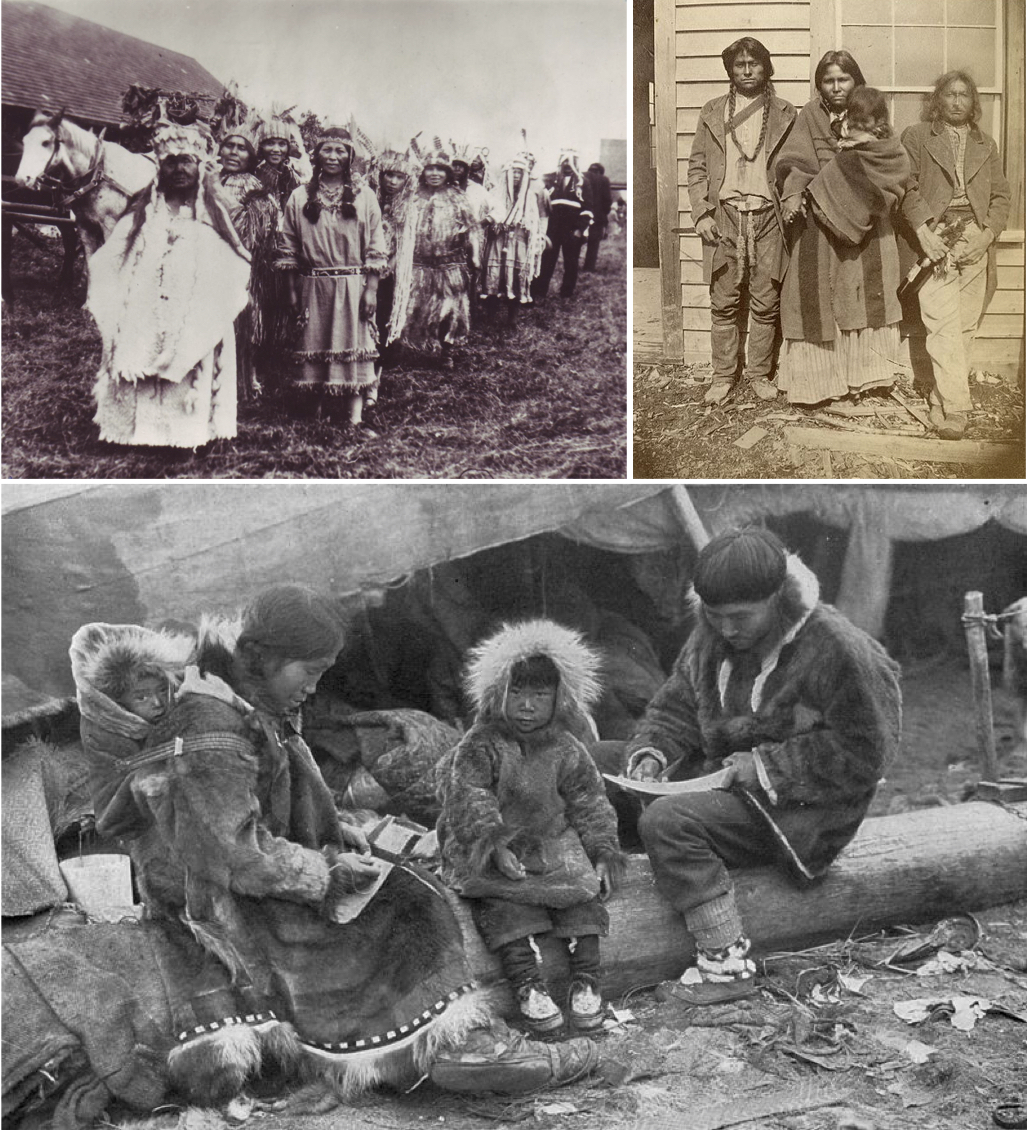 On the left, a group of Chehalis First Nations around 1910. On the right, Métis at Fort Dufferin in Manitoba who were hired as scouts for a border survey in 1872. On the bottom, an Inuit family in 1917.