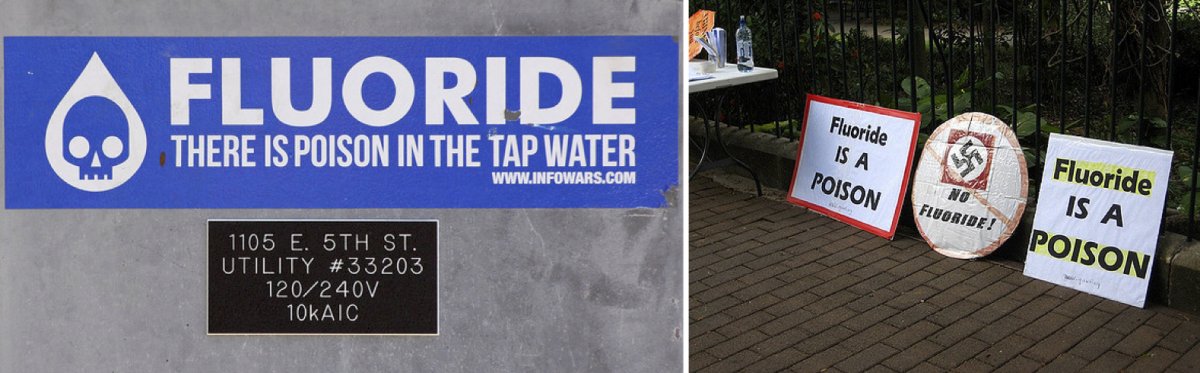 On the left, a sticker on a city electrical box in Vancouver, WA from Info Wars, a right-wing media organization known for promoting conspiracy theories. On the right, signs from a 2009 protest against fluoride in Australia