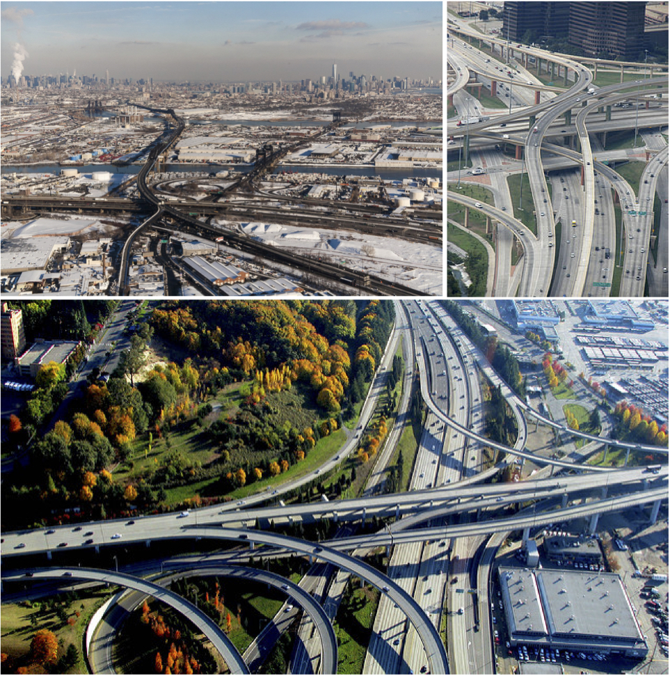 At the top left, the Pulaski Skyway in Newark, NJ, with the Lincoln Highway’s two black bridges that cross the Passaic and Hackensack Rivers. At the top right, the High Five Interchange in Dallas, Texas. On the bottom, an aerial view of the highway system in Seattle.
