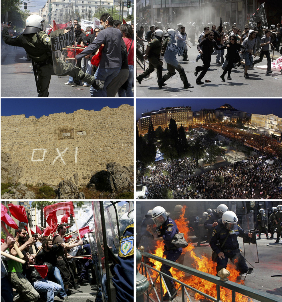 On the top left, top right, bottom left, and bottom right, 2010 May Day demonstrations against austerity measures in Athens. In the middle left, ruins of the castle of Saint John on the Greek island of Rhodes with 'no' graffiti on it. In the middle right, an estimated 100,000 people gathered at Syntagma Square Garden in Athens.