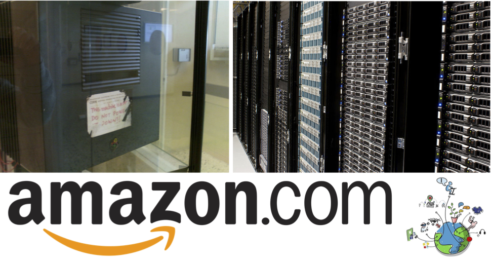 At the top left, the first web server with a note still attached reading: 'this machine is a server, do not power it down.' At the top right, servers for the Wikimedia Foundation. On the bottom left, the logo for Amazon.com. On the bottom right, a drawing of the Internet of Things.