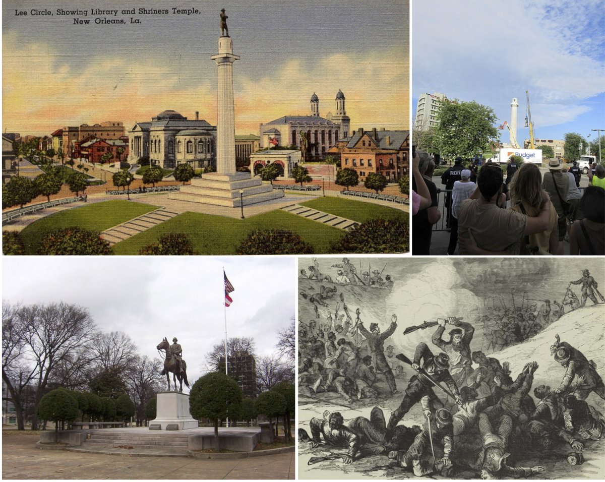 On the top left, a postcard from the 1920s or 1930s of Lee Circle in New Orleans, LA. On the top right, a crowd watching the removal of the statue of Robert E. Lee from atop his sixty foot pedestal in 2017. On the bottom left, a memorial to Nathan Bedford Forrest in Memphis, TN before it removal in 2017. On the bottom right, an 1864 depiction of the Fort Pillow Massacre.