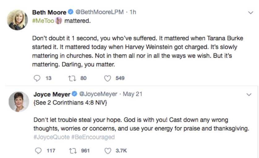 On the top, a 2018 Tweet from Beth Moore on the day Harvey Weinstein was arrested. On the bottom, a 2018 Tweet from Joyce Meyer.