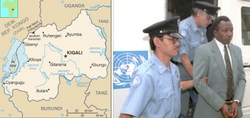 On the left, a map of Rwanda. On the right, Jean-Paul Akayesu during his trial in 1998.