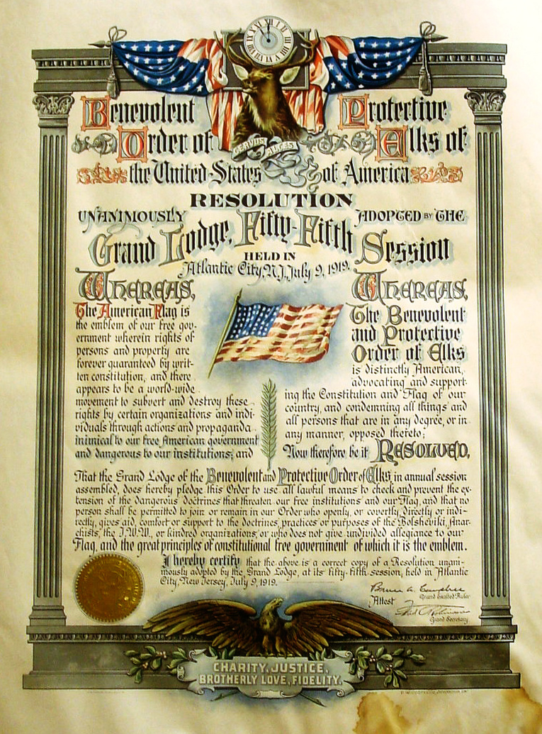 The Benevolent and Protective Order of Elks' declaration from Flag Day 1919.