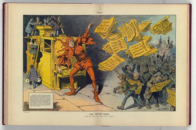 The illustration depicts William Randolph Hearst as a jester tossing newspapers to the eager masses.