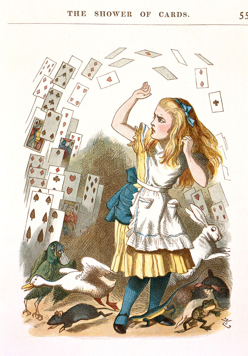 The culminating moment of Alice, when the pretense of power is exposed and collapses.