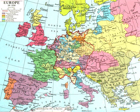 Map illustrating the political division of Europe in 1519.