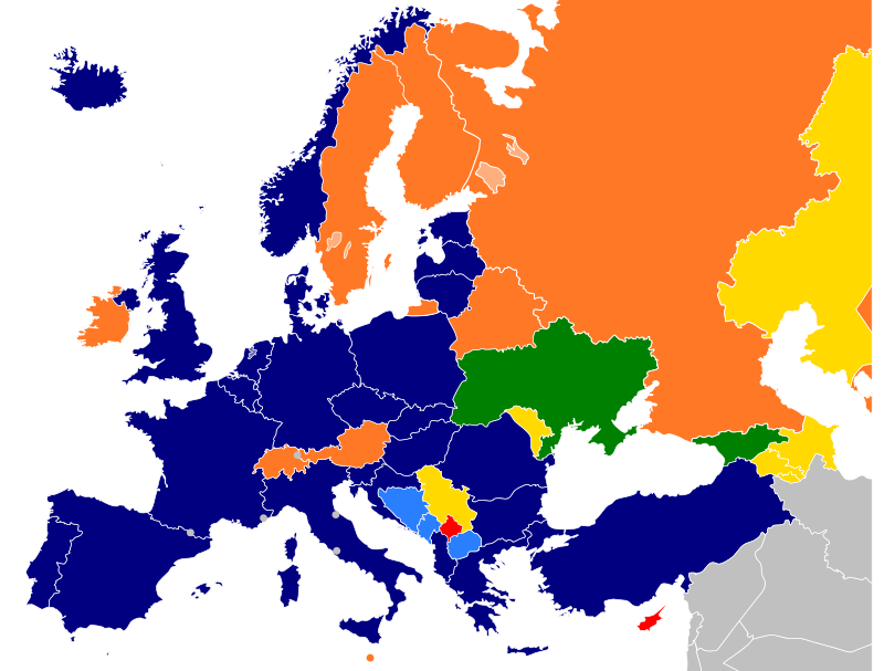 Members of NATO, 2010 (dark blue); Membership Action Plan (light blue); Intensified Dialogue (green); Individual Partnership Action Plan (yellow); Partnership for Peace, PfP (orange); Aspiring PfP members (red).