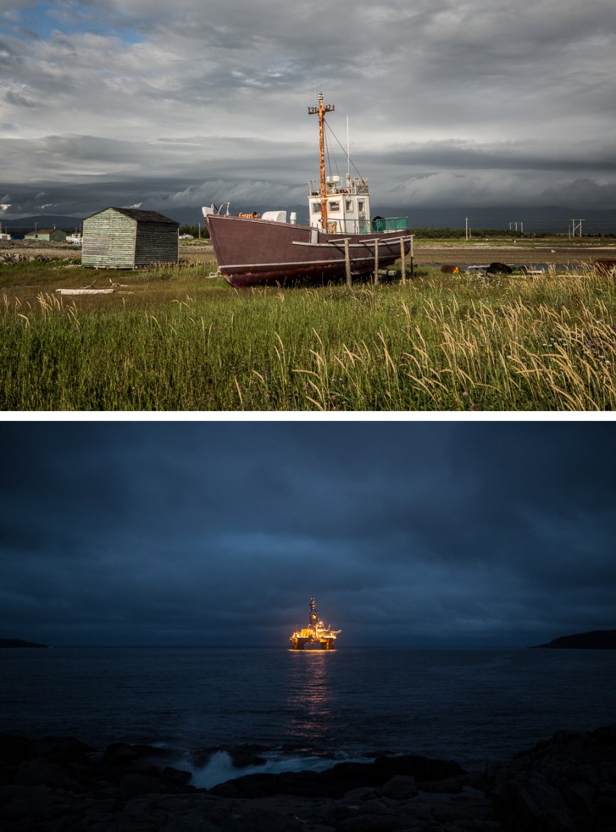 On the top, cradled fishing boat in Parson's Pond. On the bottom, oil rig in Bay Bulls.