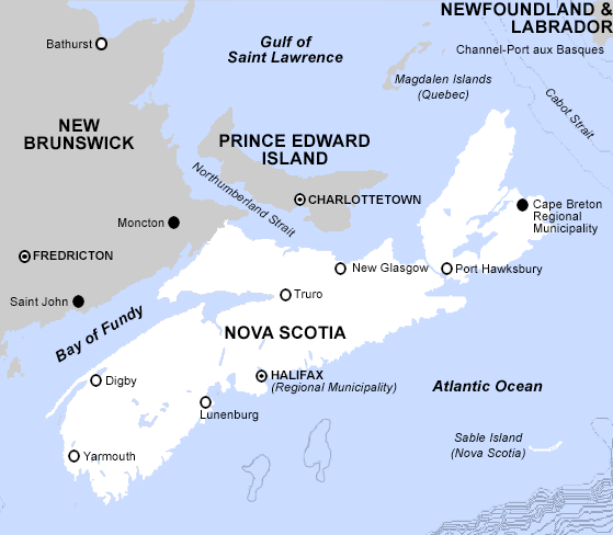 Map showing the location of Halifax and New Glasgow, Nova Scotia.