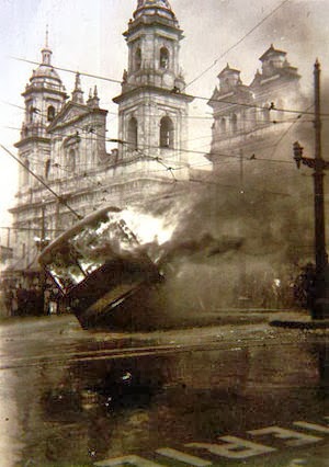 Riots in Bogotá in April 1948 engulf a trolley car.