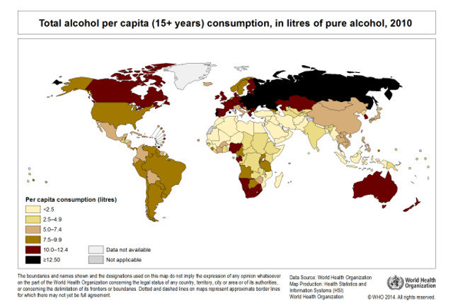 WHO map showing total alcohol per capita (15+ years) consumption, in litres of pure alcohol, in 2010.
