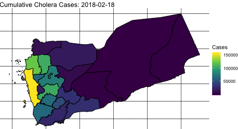 A map showing the extent of the cholera outbreak in 2018.