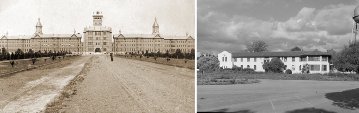 On the left, Agnews State Hospital in Santa Clara, which was originally known as the Great Asylum for the Insane. On the right, the Demented Men's Building at Agnews State Hospital, which was built after World War II in an attempt to move toward preparing patients to leave the hospital.