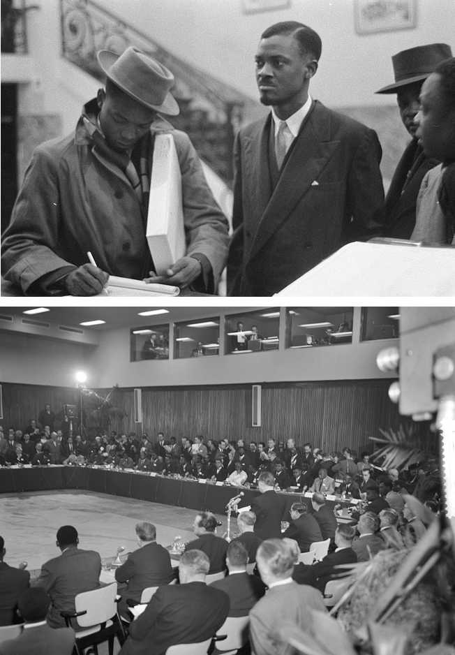 At the top,  Prime Minister Patrice Lumumba at the Round Table Conference in Brussels, 1960. On the bottom, the Round Table Conference in Brussels, 1960.