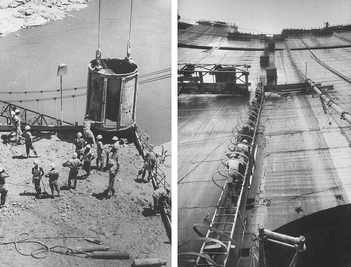 On the left, workers building the Kariba Dam in the 1950s. On the right, workers scaling the dam walls during construction.