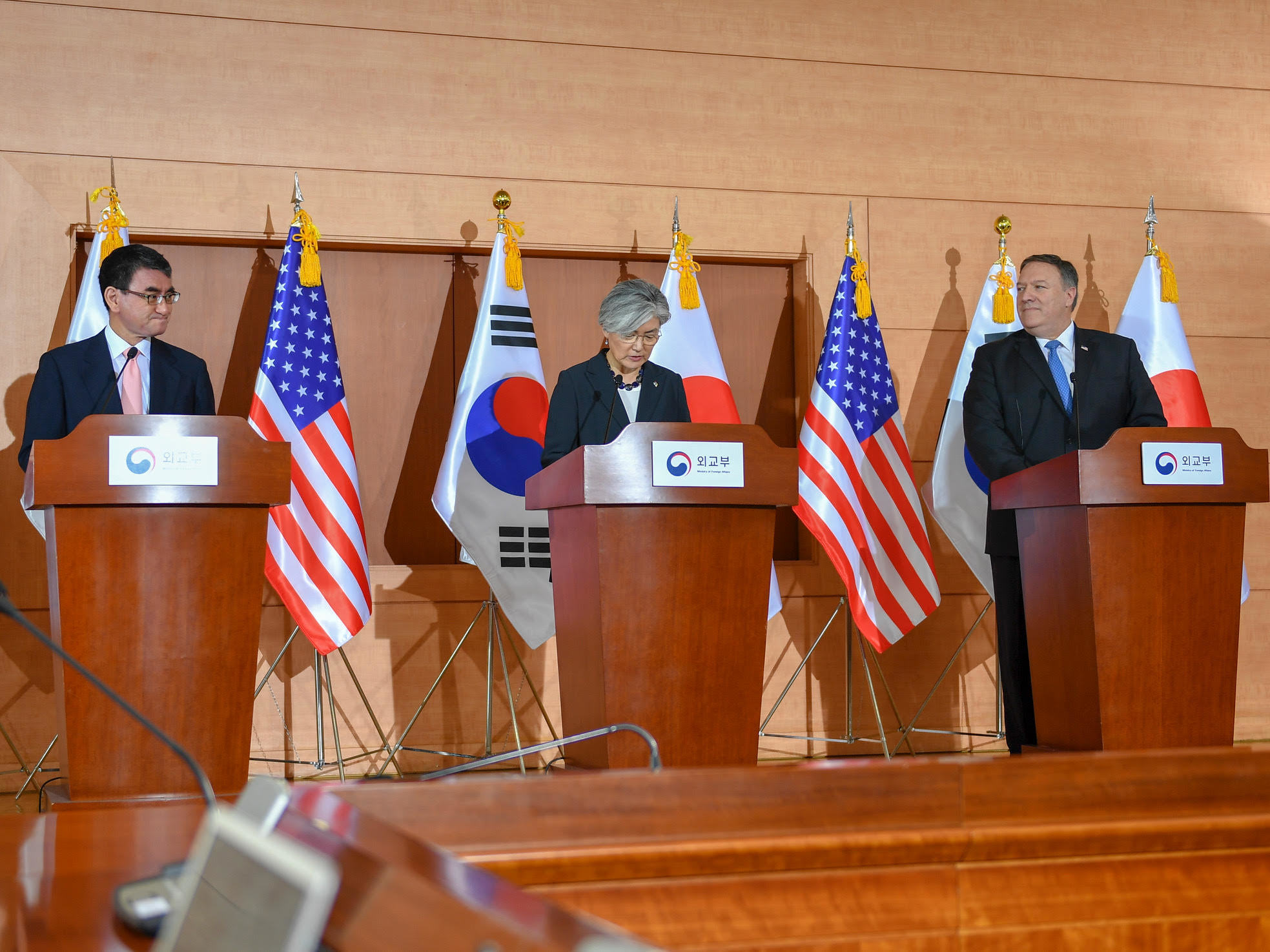 U.S. Secretary of State Mike Pompeo holds a joint press availability with Republic of Korea Foreign Minister Kang Kyung-wha and Japanese Foreign Minister Taro Kono.