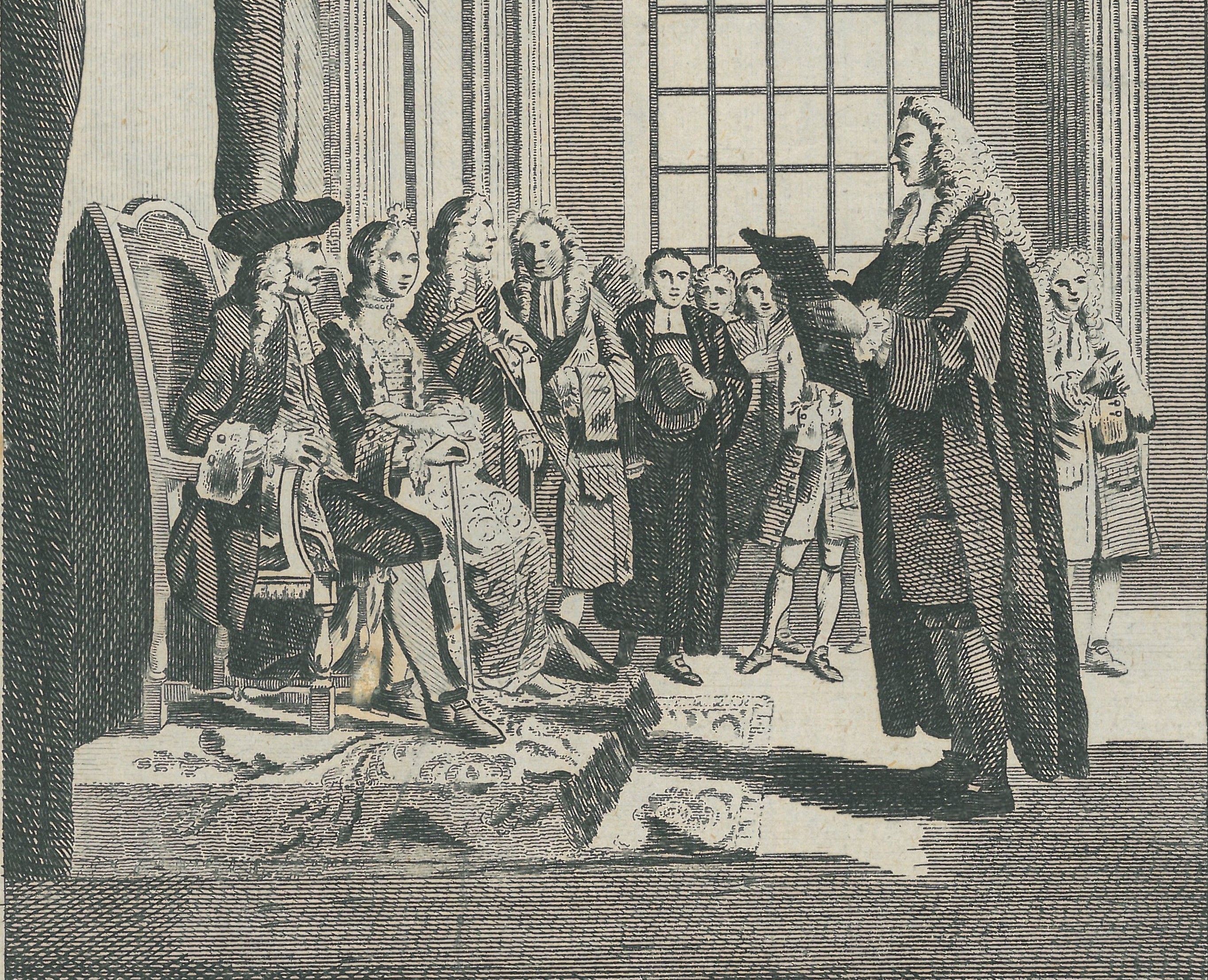An eighteenth-century engraving of the Bill of Rights being presented to the joint monarchs William III and Mary II in 1689