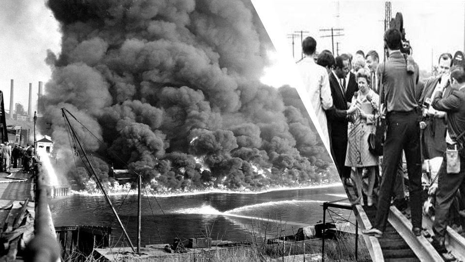 On the left, a 1952 fire on the Cuyahoga River in Cleveland, Ohio. On the right,  Mayor Carl Stokes holds a press conference on a charred railroad bridge in 1969 after the Cuyahoga River burned.