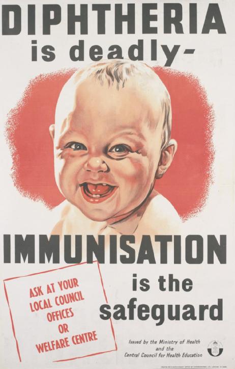 British poster created before 1945 promoted diphtheria vaccinations.