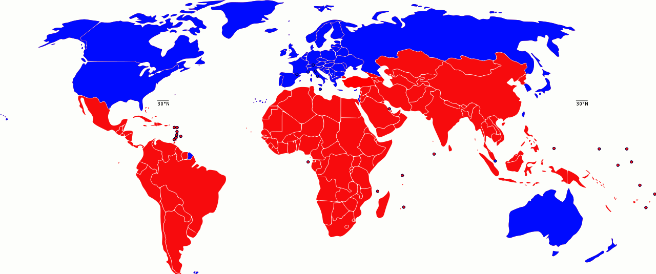 World map showing a traditional definition of the North–South divide.