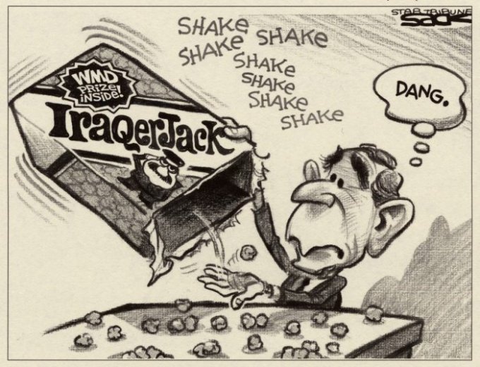 A post-9/11 editorial cartoon commenting on the absence of weapons of mass destruction (WMD) in Iraq. The IraqerJack box represents Iraq, and the disappointed man depicts President George W. Bush.