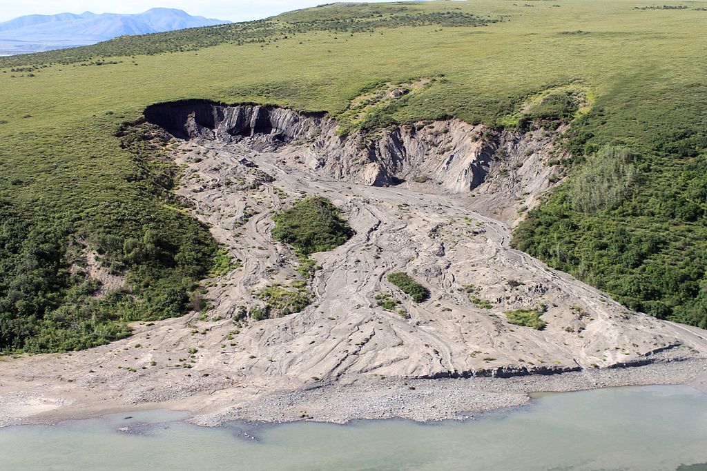 A 300m long slump caused by thawing permafrost.