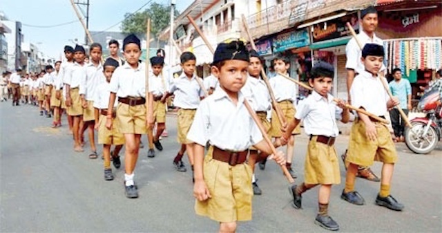 In 2017, there was no age restriction for joining the RSS, as the young boys shown marching here suggest