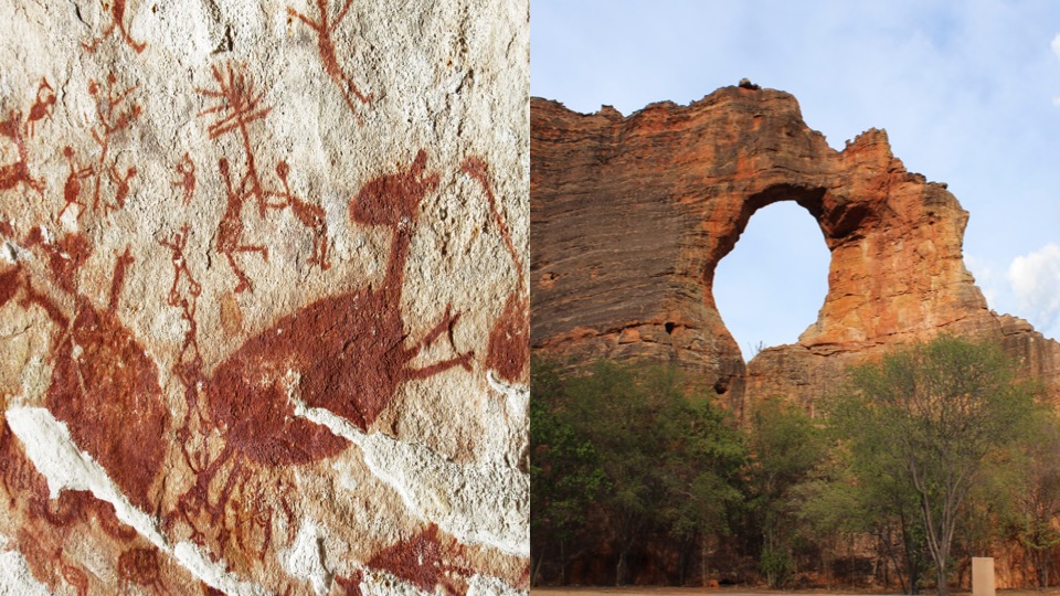 On the left, a Pedra Furada rock painting. On the right, the Pierced Rock site in Serra da Capivara Park.