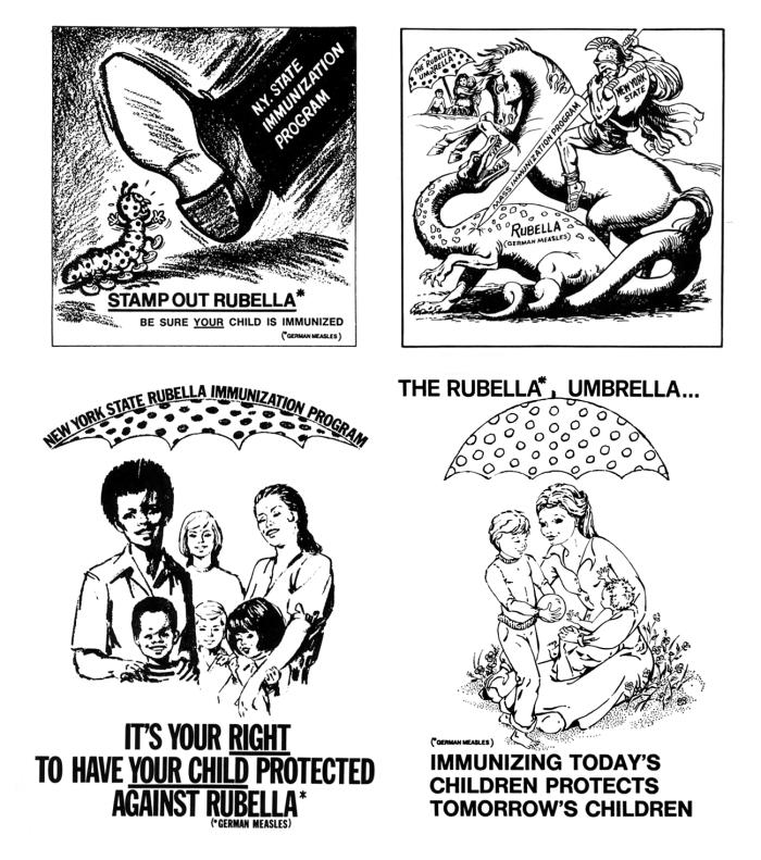 New York public service posters from the 1960s and 1970s encouraging parents to vaccinate their children against Rubella.