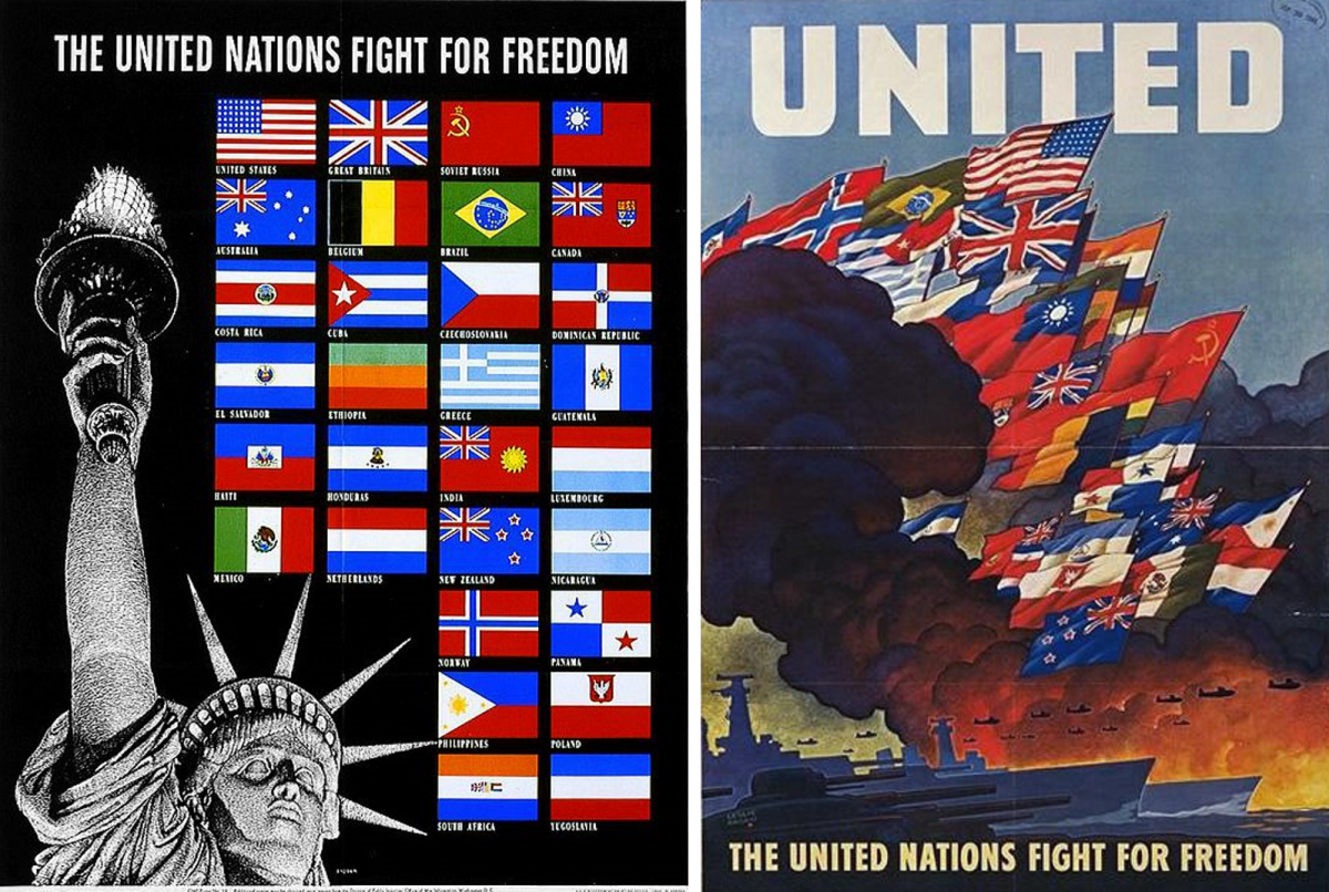 On the left, a 1941 poster from the United States Office of War Information. On the right, a 1943 poster depicting the United Nations as a wartime alliance.