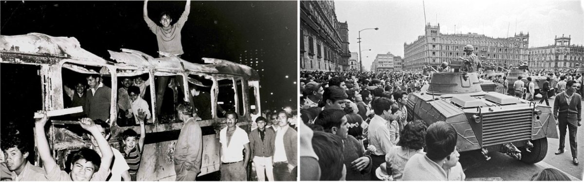 On the left, student protesters on a burned-out bus in July 1968. On the right, a tank and soldiers meeting student protesters on the Plaza de la Constitución in August 1968.