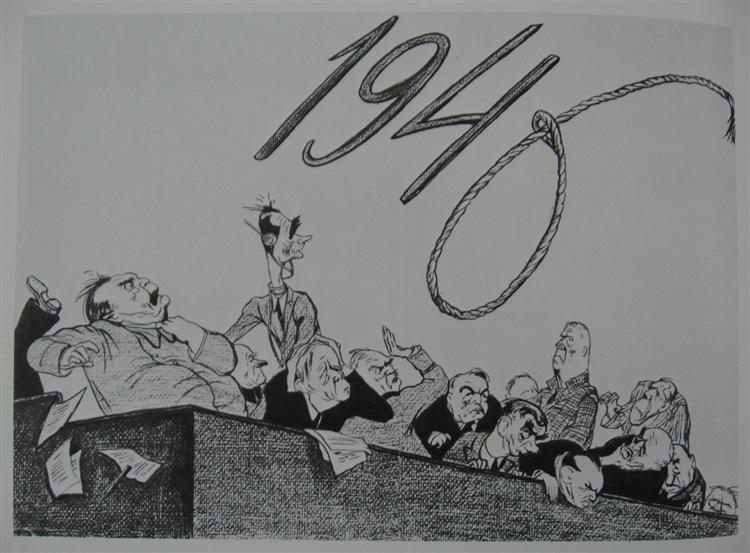 Caricature of the defendants and the anticipated Nuremberg judgment.