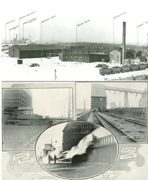 On the top, panoramic view of the Sydney Mines in Nova Scotia. On the bottom, three images depicting the coke ovens at the Dominion Iron and Steel Company.