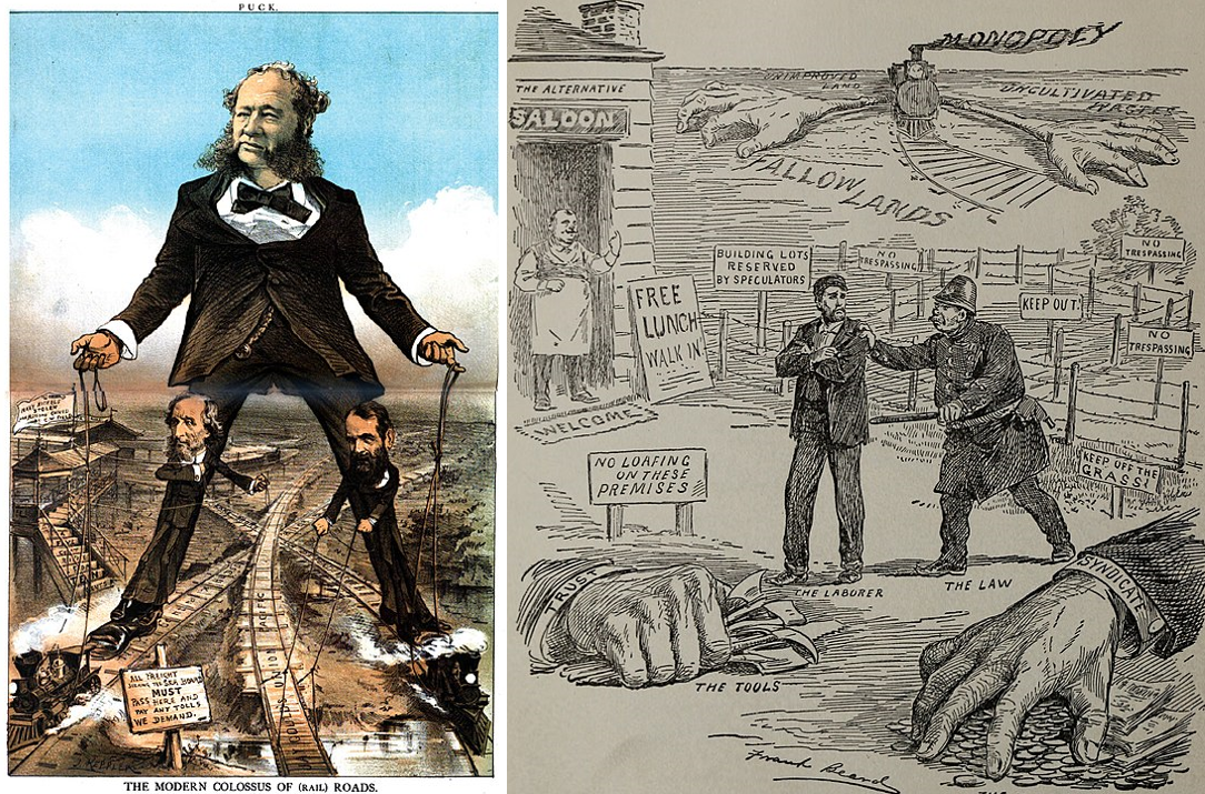 On the left, an 1879 cartoon from Puck magazine. On the right, a 1902 anti-monopoly cartoon.