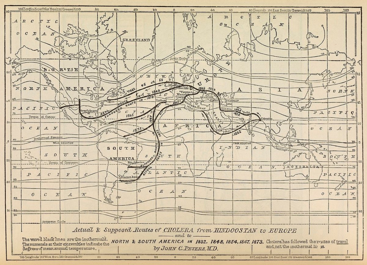 This map shows the actual and supposed routes of cholera.