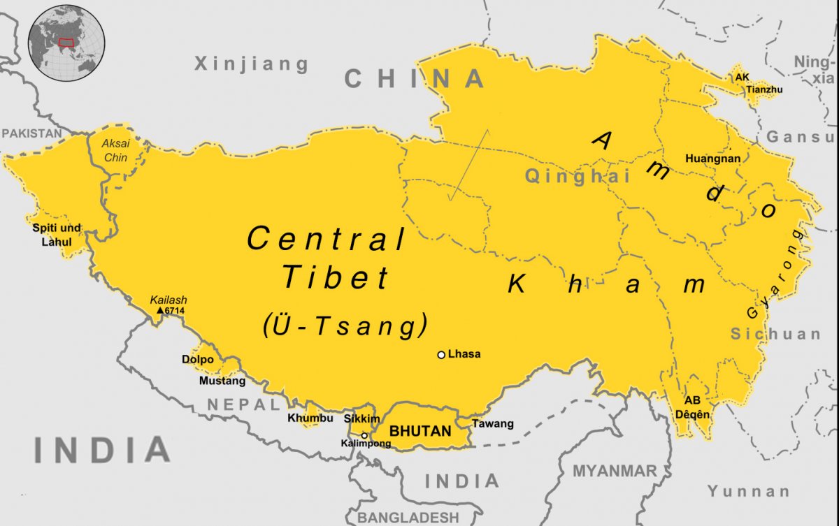 A map of Tibet that shows its regions and position within Asia