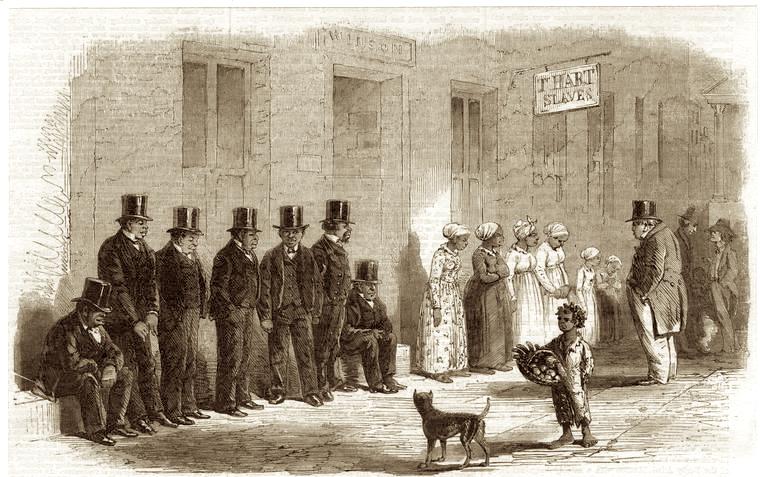An 1861 illustration of enslaved women and children at auction in New Orleans.