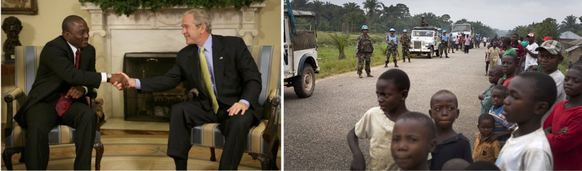 On the left, President George W. Bush meeting with President Joseph Kabila. On the right, international observers and UN Peace Keepers in Congo for the 2011 elections.