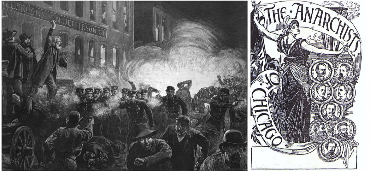 On the left, an 1886 engraving of the Haymarket Affair. On the right, portraits of the 'Haymarket Martyrs' widely circulated among anarchists, socialists, and labor activists in the 1890s.