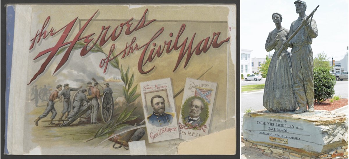 On the left, the Duke Tobacco Company of Durham, NC published heroic profiles of Confederate and Union figures in 1889 to advertise their cigarettes. On the right, a monument to the sacrifices of Confederate soldiers in Baxley, GA originally on courthouse grounds but now on private property.