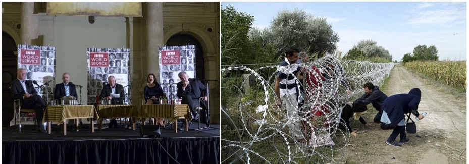 On the left, the BBC World Service hosted a debate in Budapest over Hungary's referendum in October 2016. On the right, Syrian refugees sneaking across the border between Hungary and Serbia in 2015.