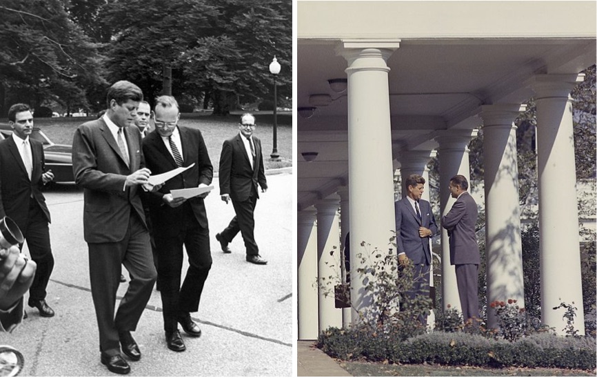On the left. President John F. Kennedy conferring with National Security Advisor McGeorge Bundy. On the right, President Kennedy and Secretary of Defense Robert S. McNamara meeting outside the Oval Office.