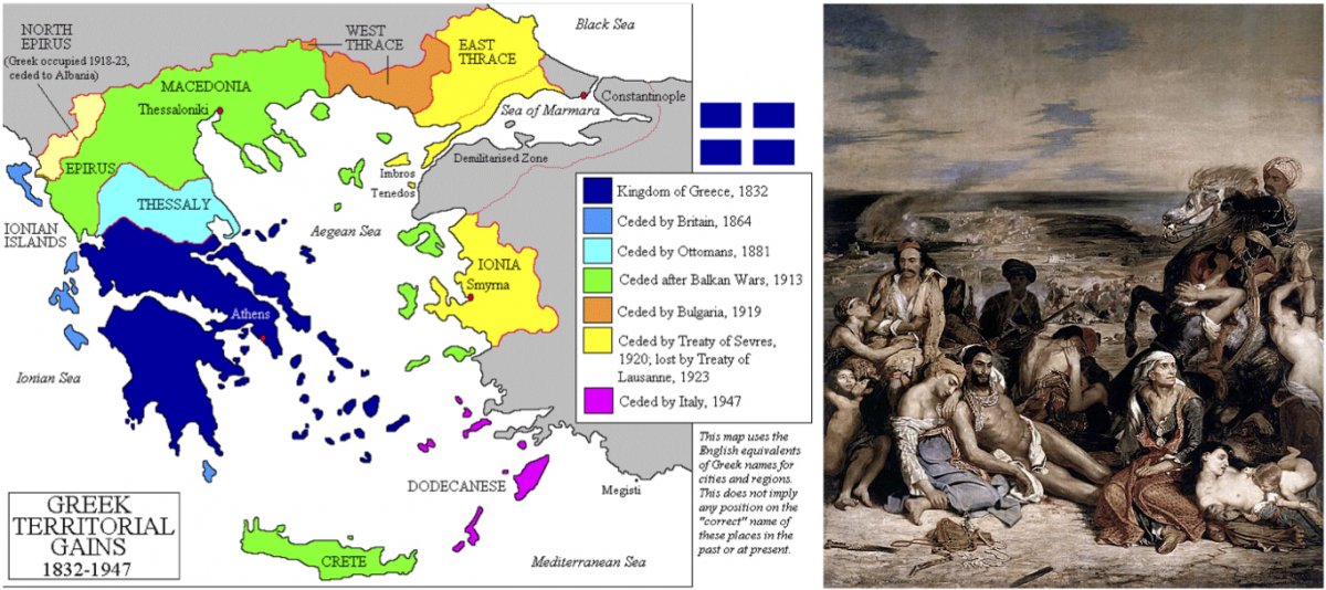 On the left, a map showing Greece’s territorial gains and losses. On the right, a painting depicting the slaughter of thousands of Greeks on the island of Chios by Ottoman troops.
