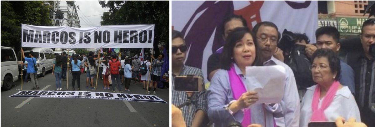 On the left, protesters of the Supreme Court’s 2016 decision. On the right, former Chief Justice Maria Lourdes Sereno speaking with supporters.